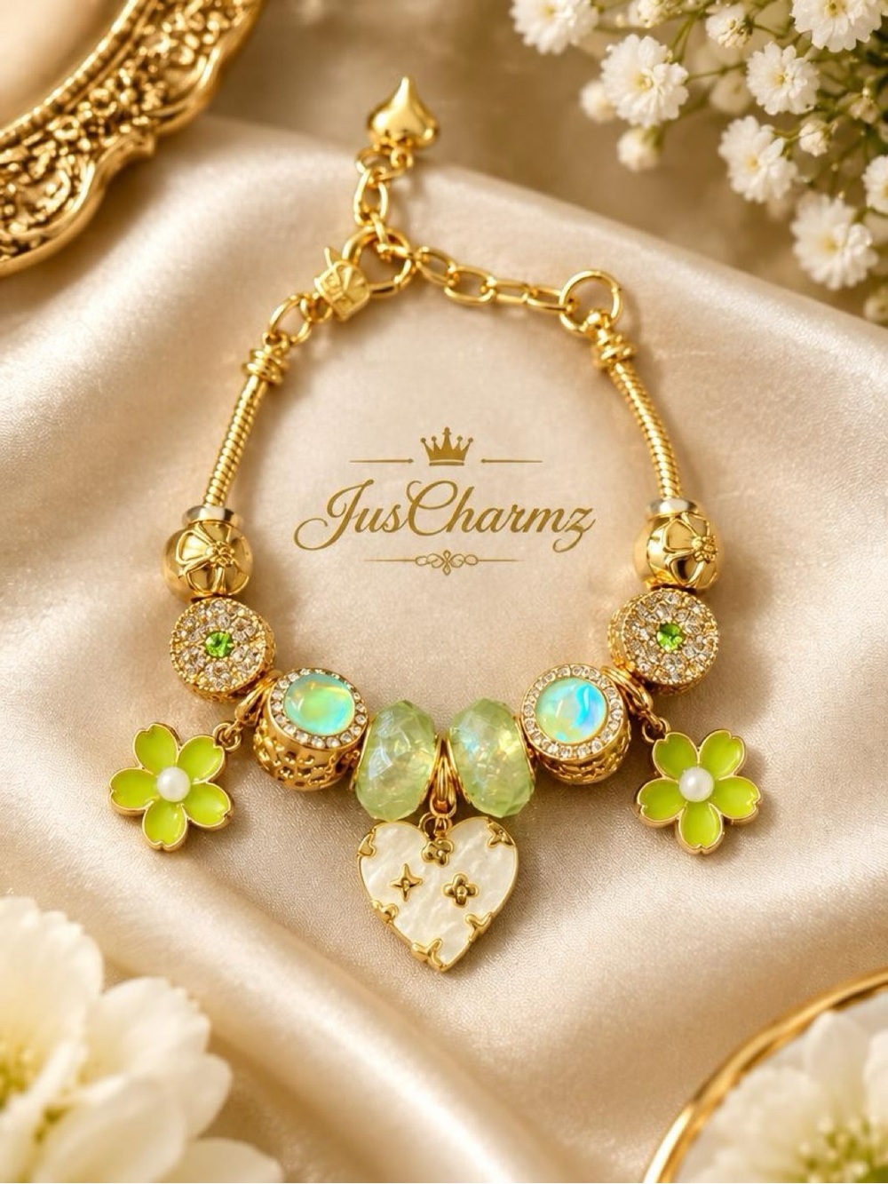 Green Cherry Blossom Floral Heart Charm Bracelet